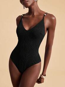 Travachic Women's Summer Beach Vacation Textured Fabric Beaded Spaghetti Strap One-Piece Swimsuit - Black - View 4