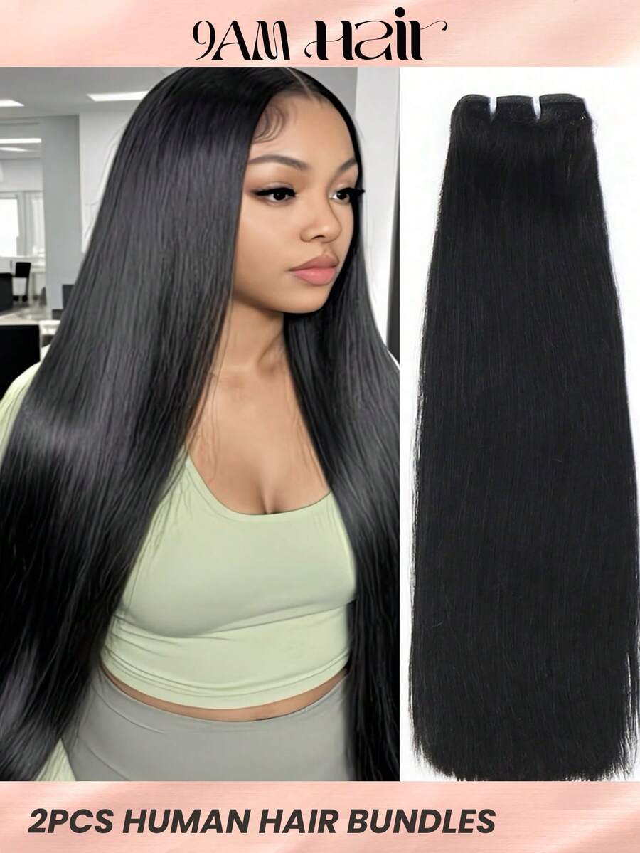 2 Bundles Straight Human Hair Bundles Human Hair Brazilian Unprocessed Bundles Weft Weave Bundles Human Hair Extensions For Women Natural Color - Natural Black - View 1