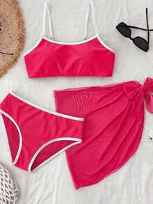 SHEIN مجموعة ملابس السباحة للمراهقات مع تنورة قصيرة للتغطية، ملابس صيفية للبنات، ملابس السباحة للبنات باللون الوردي، ملابس الشاطئ الوردية، بدلات السباحة الوردية للبنات - روز أحمر - مشاهدة 4