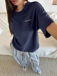 DAZY 2pcs Women Summer Casual Letter Print Loose T-Shirt Top And Striped Pajama Pants Sleepwear Set - Navy Blue - View 8