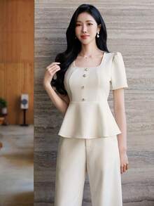 DAZY Bộ 2 món gồm áo hai dây và quần ống đứng kiểu dáng thành thị dành cho nữ, thích hợp mặc đi làm vào mùa xuân và mùa hè. - Màu be - Xem 6