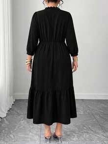 Elenzga Vestido de unicolor con volantes en el bajo, manga 3/4, corte evasé y parches de encaje para mujer de talla grande - Negro - Ver 2