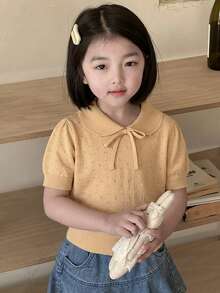 Dazy Kids 女童可爱领结短袖针织上衣，休闲装 - 黃色 - 查看 3