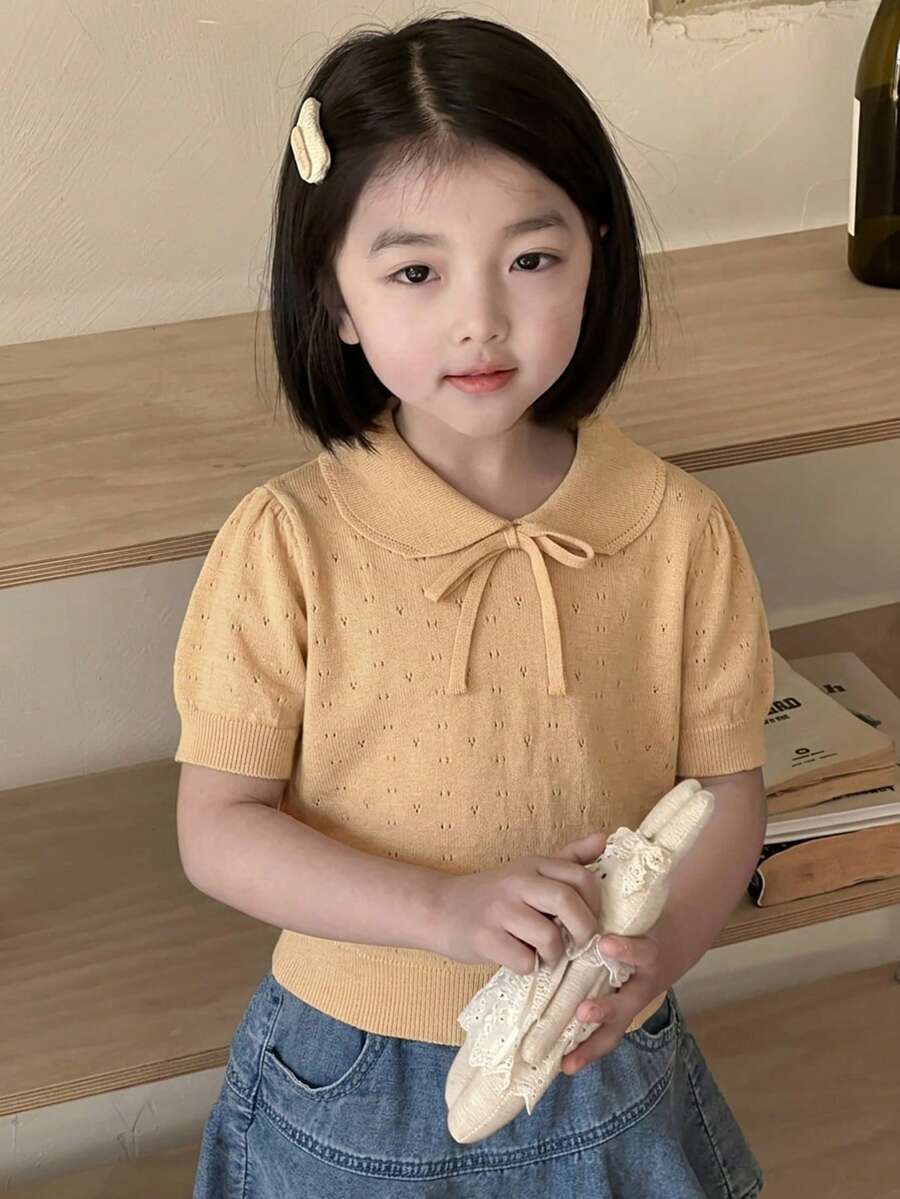 Dazy Kids 女童可爱领结短袖针织上衣，休闲装 - 黃色 - 查看 1