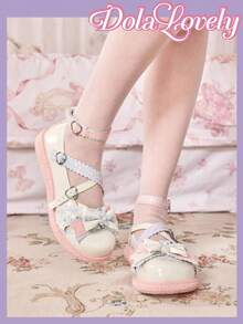 Dola Lovely Giày nữ màu đen mũi tròn đế xuồng đế dày kiểu Mary Jane, trang trí tai thỏ dễ thương, phong cách Lolita, JK, thích hợp cho tiệc sinh nhật. - Tai thỏ đen - Xem 5