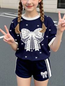 2件套少女夏季休闲套装，创意个性，清新可爱简约风格蕾丝蝴蝶结撞色印花，适合日常穿着、街头风、外出、居家、度假、返校、春夏穿着，舒适宽松圆领短袖T恤和短裤。 - 彩色 - 查看 4