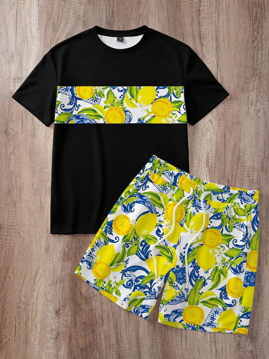 Manfinity Joysei Men's Summer Casual Beach Vacation Lemon Print Short Sleeve T-Shirt And Drawstring Waist Shorts Set - Black - View 1