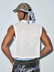 Modcrash Men's Fashionable Sports Mesh Tank Top, Minimalist 97 Graphic Print, Cropped Design, Suitable For Summer Casual And Streetwear - White - View 2