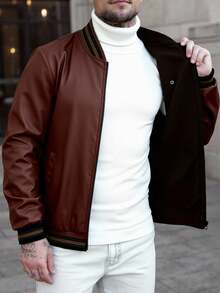 Manfinity CasualCool 男士棒球领撞色拉链休闲百搭日常长袖外套 - 咖啡棕 - 查看 4