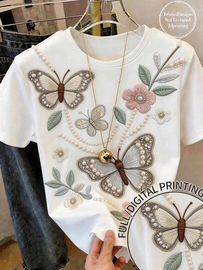 Tween Girls Digital Floral Print Short Sleeve Top, Casual & Comfortable For Spring/Summer, Versatile Outfit For Outdoor Activities, Suitable For Picnics, Street Photography, Vacations, Gifts, And Daily Wear