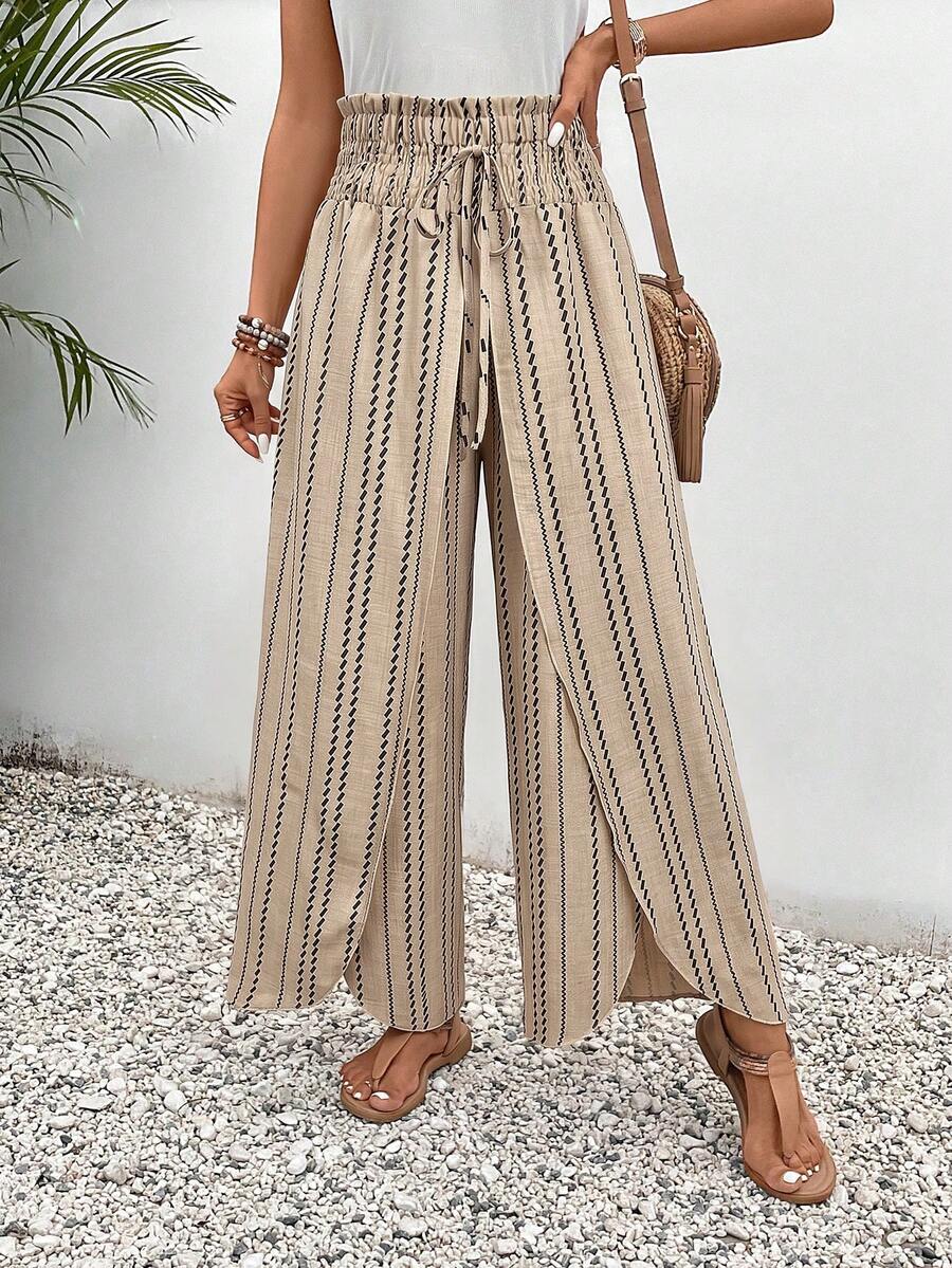 SHEIN Frenchy Allover Print Knot Waist Tulip Hem Wide Leg Baggy Cross Over Pants - Apricot - View 1