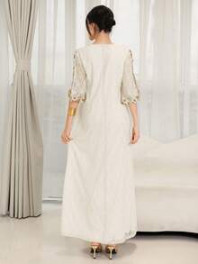 Yasmyna Women's Elegant Arabic Traditional Long Robe With Lace Applique Decoration - Yellow - View 3