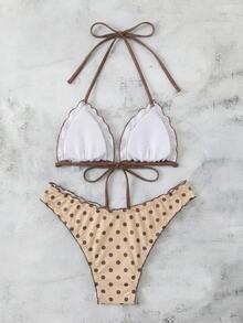 Swim Mod Bộ bikini hai mảnh mùa hè dành cho nữ, họa tiết chấm bi, kiểu áo hai dây gợi cảm thắt nơ, thích hợp cho kỳ nghỉ biển. - Màu be - Xem 2