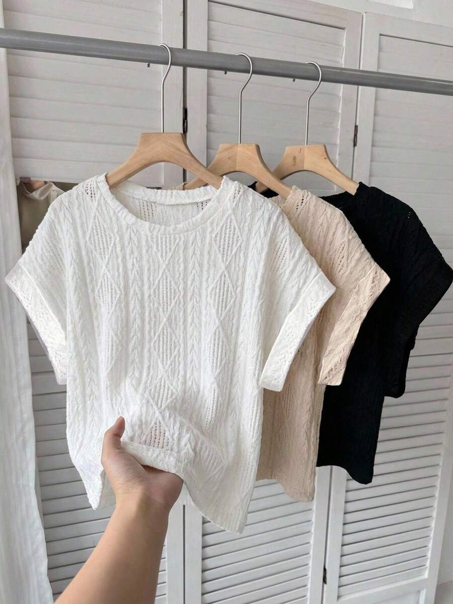 SHEIN LUNE 3件装女士纹理T恤，黑色、白色、卡其色，夏季百搭 - 彩色 - 查看 1