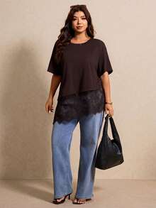 Elaquor Plus Size Summer Minimalist Contrast Lace Asymmetric Hem Short Sleeve T-Shirt - Coffee Brown - View 1