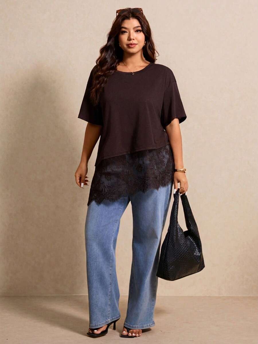 Elaquor Plus Size Summer Minimalist Contrast Lace Asymmetric Hem Short Sleeve T-Shirt - Coffee Brown - View 1