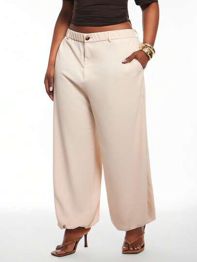 Radiana Pantalones anchos de pierna ancha de talle alto de color marrón para mujeres, adecuados para todas las estaciones - primavera/verano, otoño/invierno, pantalones de tela con cordón de moda minimalista de talla grande