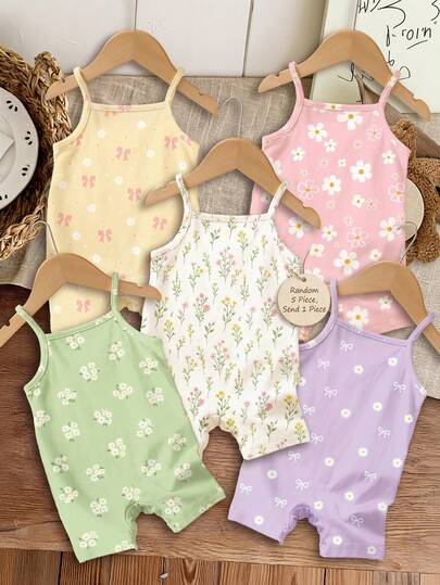 Cute Dopamine Color Mini Print Pattern Romper, Girly, Chill Chill, Y2K, Kawaii, Baby Girl Casual Spaghetti Strap Jumpsuit, Suitable For Spring/Summer Cute Summer Outfits For Outing, Summer Kids Items, Summer Outing Items, Korean Style, Easy Comfort, Stylish Kids, Y2K, Kawaii, Party, Everyday, Vacation, Cute, Comfy, Summer 2026, Cottagecore, Weekend Casual, Family Outing, Photoshoot Outfits, Chill Chill, Baby & Kids Graphic Tops, Random 5pcs, Send 1pc