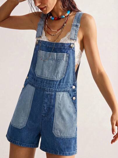 Bohemela Women's Contrast Color Pocket Button Denim Bib Shorts, Versatile