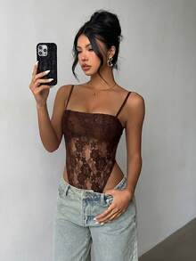 Aloruh Solid Color Lace Backless Camisole Camisole - Coffee Brown - View 6