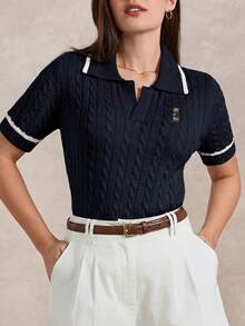 Briarwyn 女士短袖半拉链休闲钩针毛衣，夏季 - 藍白色 - 查看 3