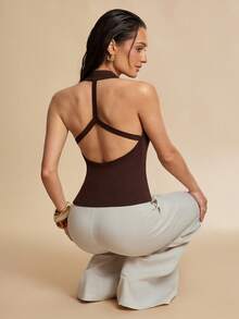 Silquee Women's Brown Basic Ribbed U-Neck Tank Top, Versatile, Backless, Crossover Design, Fitted Halter Neck Tank Top, Suitable For Summer Wear, Commuting, And Everyday Wear. - Brown - View 1