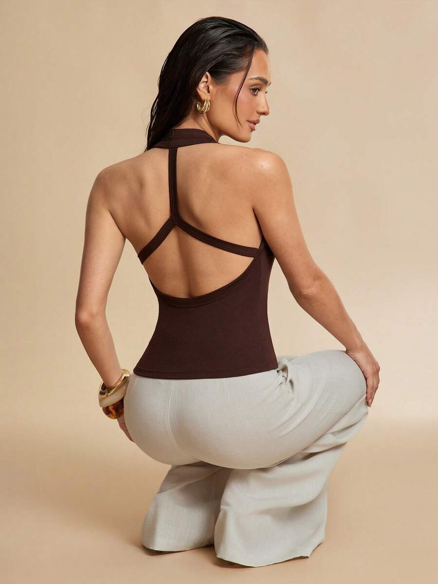 Silquee Women's Brown Basic Ribbed U-Neck Tank Top, Versatile, Backless, Crossover Design, Fitted Halter Neck Tank Top, Suitable For Summer Wear, Commuting, And Everyday Wear. - Brown - View 1