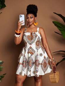 Maweii Plus Size Women's Underwire Small V-Neck Detailed Cinched Waist Wide Shoulder Strap Floral Print Holiday Outfit Dress - Multicolor - View 6