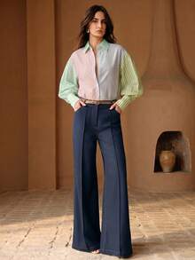 Anewsta Áo polo tay dài dáng phồng phối sọc nhiều màu sắc bất đối xứng phong cách Urban Chic Dopamine dành cho nữ. - Nhiều màu - Xem 5