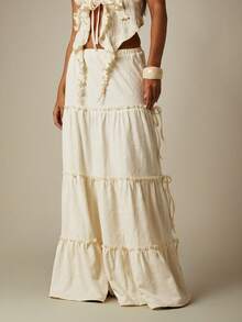MISSGUIDED Paisley Textured Tiered Ruffle High Rise Full Circle Maxi Skirt Tie Details Flowing Silhouette Boho Summer Picnic Vacation White - Apricot - View 4