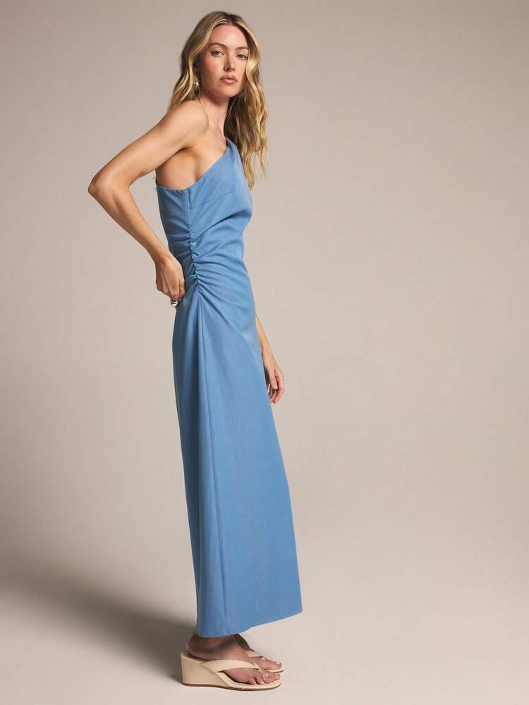 KSTM Women's One Shoulder Midi Denim Effect Dress With Asymmetrical Neckline Blue Light Wash Summer Casual Party Wear