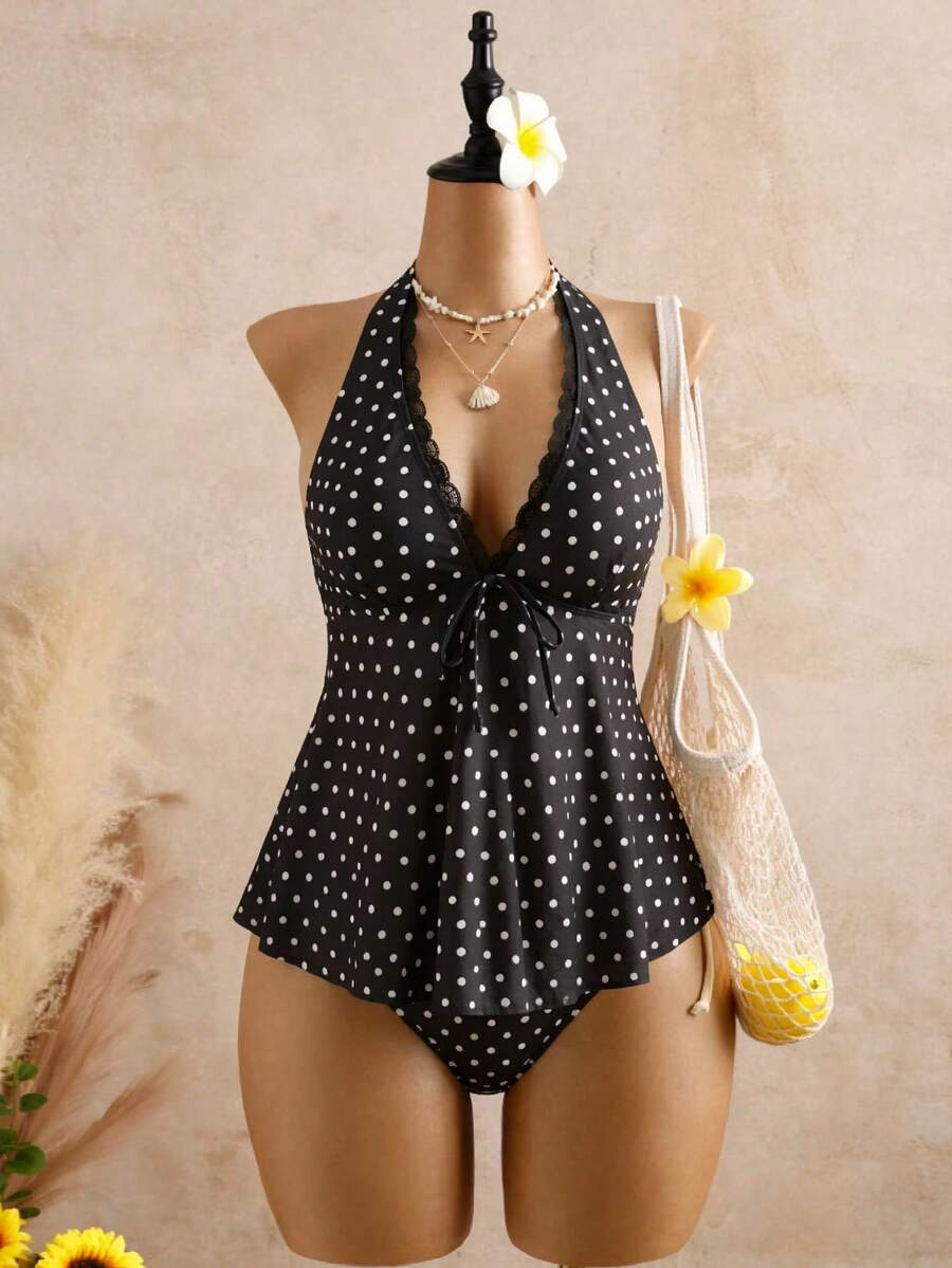 Bellisia Women's Polka Dot Printed Lace Trim Tie-Front Bowknot Decor Bikini Swimsuit Set - Black and White - View 1