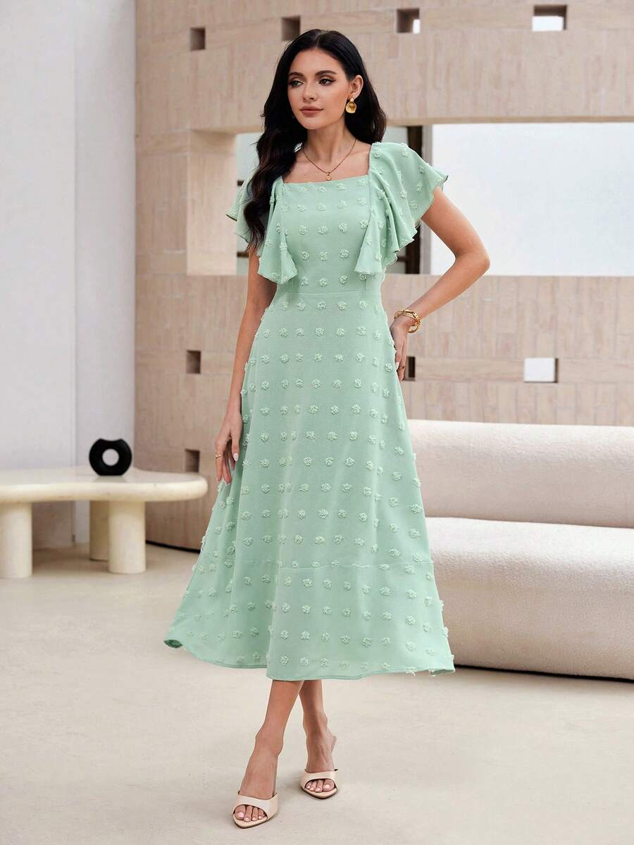 Modelyn 女士方领短袖修身绿色毛球设计休闲长连衣裙，适合度假穿着 - 綠色 - 查看 1