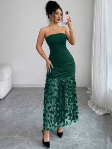 SHEIN Franclia 优雅奢华花卉撞色网纱褶皱腰身修身无肩带纯色性感晚礼服，女士 - 墨綠色 - View 6