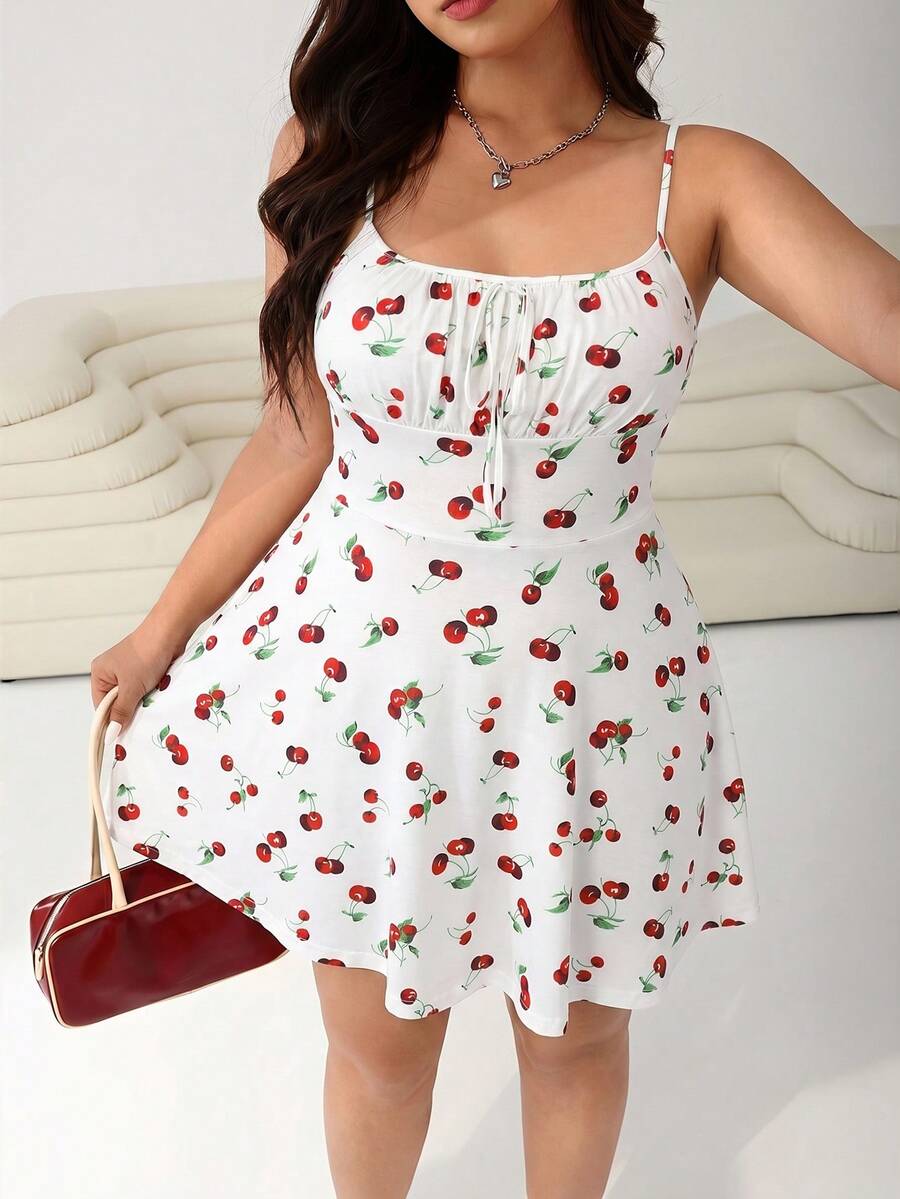 Solflare Plus Size Cherry Print Flare Hem Slip Dress, Waist-Cinched A-Line, Suitable For Spring & Summer, Beach Sundress, Holiday Outfits Boho, Corset - White - View 1