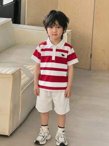 SHEIN 2件套男童休闲条纹领短袖polo衫和白色短裤运动裤套装，适合返校、生日、派对、婚礼、洗礼、开幕式、旅行、运动、春夏等场合。 - 紅色 - 查看 5