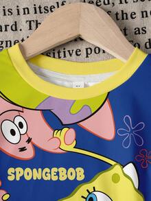 SpongeBob SquarePants | SHEIN 男童夏季休闲度假及日常通勤卡通印花撞色短袖T恤和短裤套装 - 白色 - 查看 5