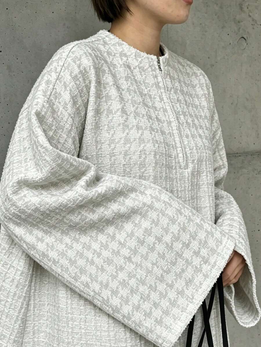 FRIFUL 女士纹理面料时尚百搭长袖拉链半开襟T恤 - 米色 - 查看 1