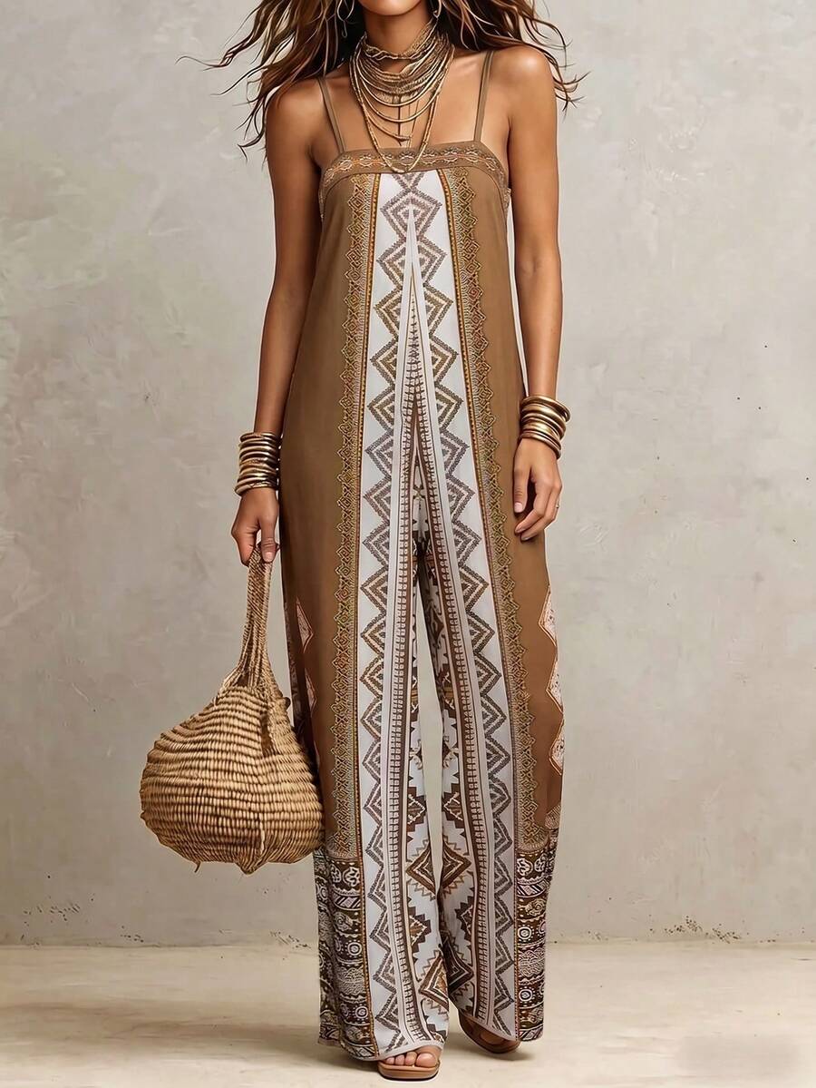 SHEIN Women's Spaghetti Strap Jumpsuit Brown And White Polka Dot,Summer,Boho,Holiday,Vacation,Holiday Vintage Print Loose Wide-Leg Draping Casual Romper - Multicolor - View 1