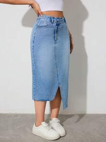 SHEIN Tall 女士高腰开衩牛仔中长裙，休闲夏季优雅外出穿搭，时尚百搭，带口袋，拉链设计，不对称下摆，夏季牛仔裙 - 淺色水洗藍 - 查看 9