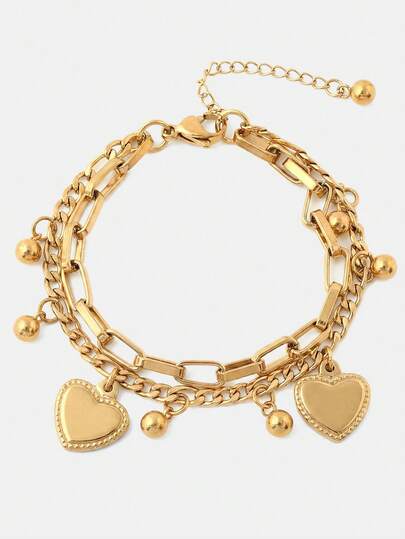 Lumivelle 1pc Gold Double Heart Chained Bracelet