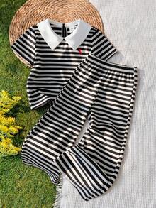 SHEIN Elladie kids Casuvi 儿童两件套 - 黑白条纹针织短袖 Polo 领 T 恤 + 针织阔腿裤，美式休闲复古风，适合春夏日常休闲穿着 - 黑與白 - 查看 3
