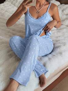 ZzzCrew Bộ đồ ngủ nữ dệt kim in hình trái tim phối ren tương phản, gồm áo hai dây và quần, gợi cảm và ngọt ngào, phù hợp cho mọi mùa. - Màu xanh nhạt - Xem 5