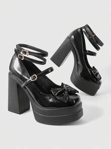 ROMWE Kawaii Giày cao gót đế xuồng kín mũi màu tối bóng bẩy gợi cảm dành cho nữ, phong cách Gothic Punk, có dây buộc, nơ và khóa kim loại co giãn ở mắt cá chân, thiết kế kín mũi, thích hợp cho hộp đêm, tiệc tùng, lễ hội. - màu đen - Xem 4