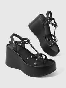 ROMWE Grunge Punk Giày nữ đế xuồng, sandal đế cao, phong cách punk với họa tiết đinh tán chéo, sandal hở mũi, thích hợp cho hộp đêm, đi làm, du lịch, giày đế xuồng nữ mùa hè. - màu đen - Xem 3