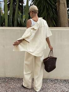 DAZY Conjunto de camisa de manga corta y pantalón vaquero de pierna recta holgado y casual para vacaciones, primavera/verano para mujer - Blanco - Ver 2