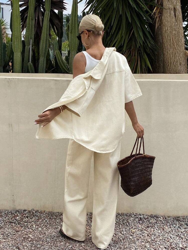 Women's Loose Casual Vacation Style Short Sleeve Shirt And Long Straight Leg Jeans Set, Spring/Summer