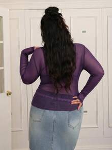 CovetEZ Plus Size Sheer Basic Top, Purple - Purple - View 2
