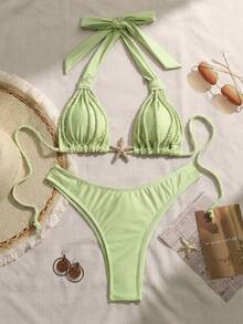 Swim Chiccia Bộ bikini hai mảnh gợi cảm, thanh lịch, cổ điển, lãng mạn, thích hợp mặc đi biển/hẹn hò cho nữ, với dây đeo dày, thiết kế xếp ly, màu sắc trung tính, đồ bơi bikini nữ. - Màu xanh Bạc hà - Xem 3