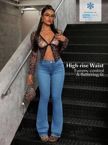 SHEIN Tall 休闲水洗中腰修身喇叭牛仔裤 - 藍色 - 查看 6